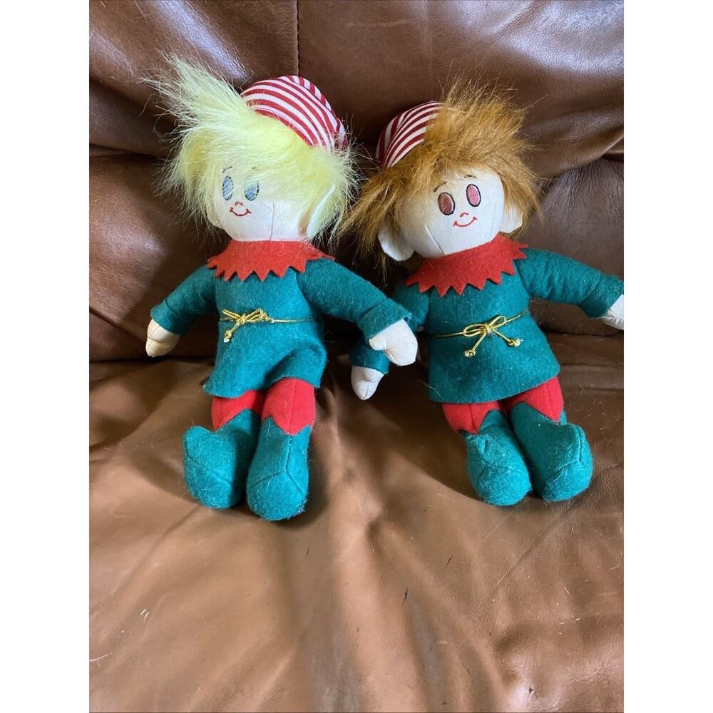 Vintage 1994 Dakin Richie Bear Christmas Elf Plush Dolls Pair Green Red 11 Inch